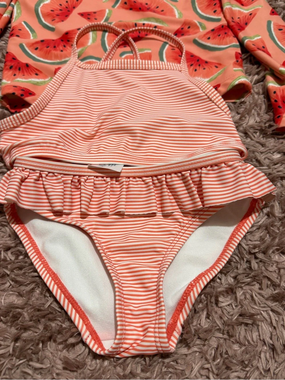 Carters Kids Coral Watermelon Rash Guard Set with Striped Bikini 3 piece